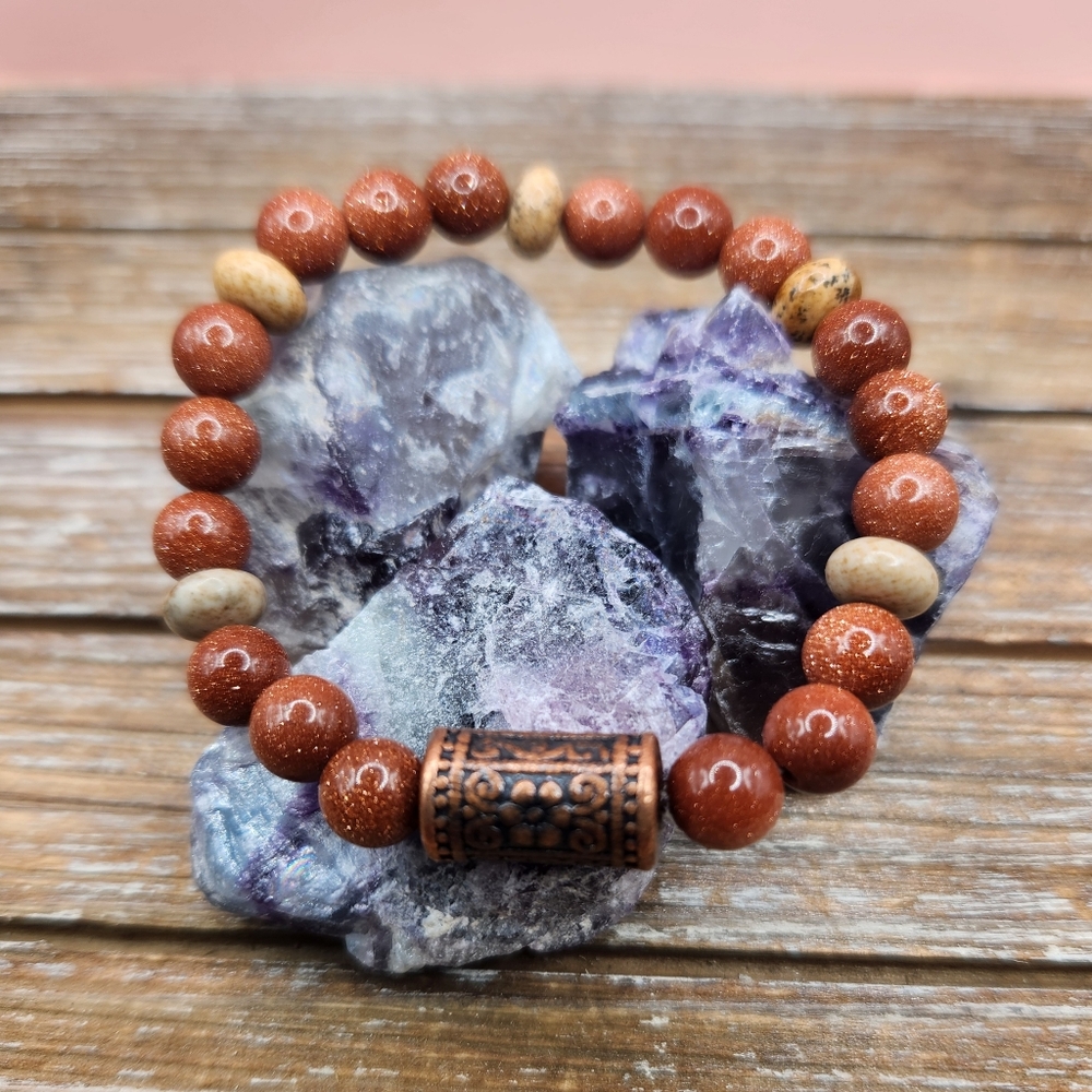 Goldstone, Picture Jasper and Copper Beaded Bracelet